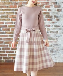 tocco closet | ウエストりぼん付きスカラネック切替チェック柄ニットワンピース(ワンピース)