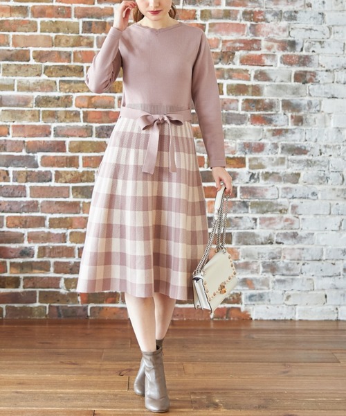 ウエストりぼん付きスカラネック切替チェック柄ニットワンピース