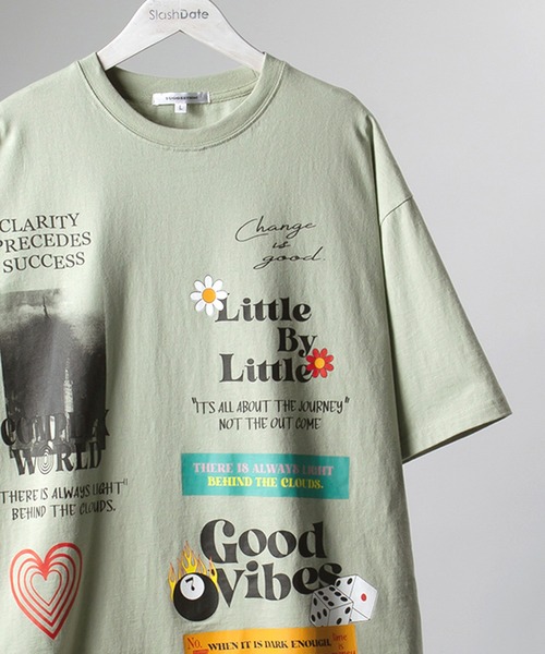 SlashDate(スラッシュデイト)の「オーバーサイズ デコレーション プリント Tシャツ(Tシャツ/カットソー・メンズ・ホワイト/ブラック/ライトグリーン・M/L)」の1枚目の写真