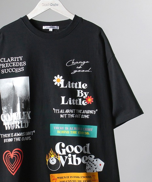 SlashDate(スラッシュデイト)の「オーバーサイズ デコレーション プリント Tシャツ(Tシャツ/カットソー・メンズ・ホワイト/ブラック/ライトグリーン・M/L)」の3枚目の写真