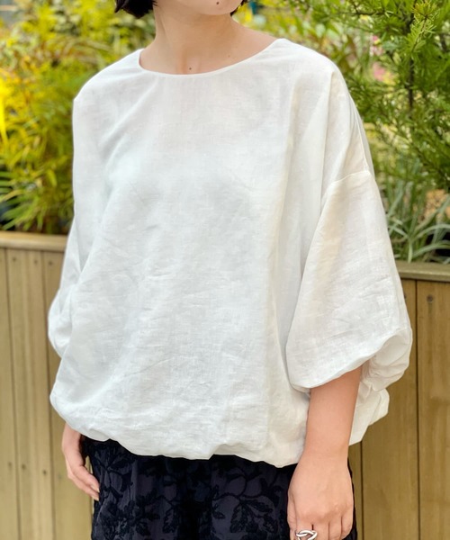 BEARDSLEY（ビアズリー）の「リネンバルーンブラウス（シャツ/ブラウス・レディース・ホワイト/グリーン・FREE）」の6枚目の写真