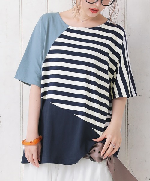 osharewalker（オシャレウォーカー）の「【廃盤】『ゆるっと配色ボーダーカットソー』（Tシャツ/カットソー・レディース・ブラック/ネイビー・FREE）」の2枚目の写真