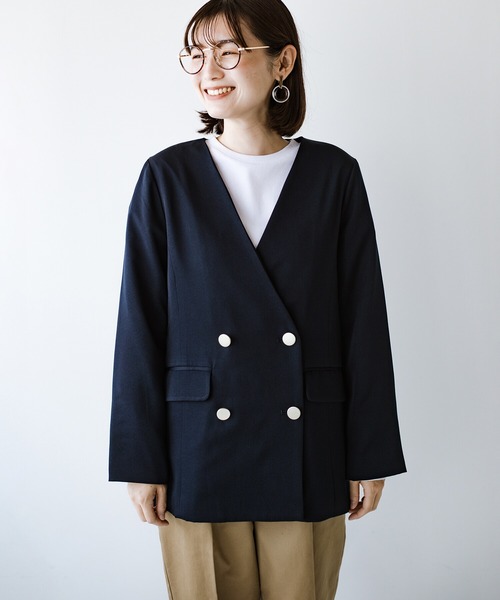 haco!（ハコ）の「かしこまらない賢い風貌！ハンサムと女性らしさをいいとこ取り！照れくさくない正解ジャケット by who made me（ノーカラージャケット・レディース・ネイビー・SMALL/MEDIUM/LARGE/X-LARGE）」の2枚目の写真