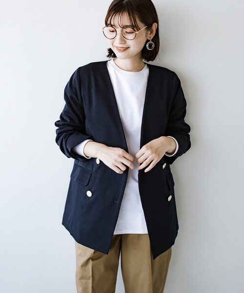 haco!（ハコ）の「かしこまらない賢い風貌！ハンサムと女性らしさをいいとこ取り！照れくさくない正解ジャケット by who made me（ノーカラージャケット・レディース・ネイビー・SMALL/MEDIUM/LARGE/X-LARGE）」の5枚目の写真