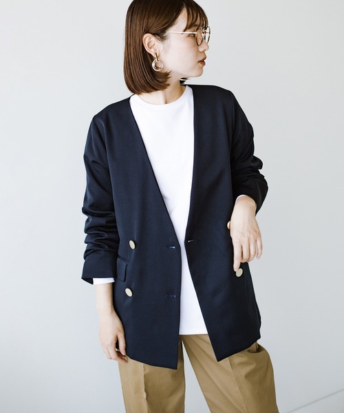 haco!（ハコ）の「かしこまらない賢い風貌！ハンサムと女性らしさをいいとこ取り！照れくさくない正解ジャケット by who made me（ノーカラージャケット・レディース・ネイビー・SMALL/MEDIUM/LARGE/X-LARGE）」の22枚目の写真