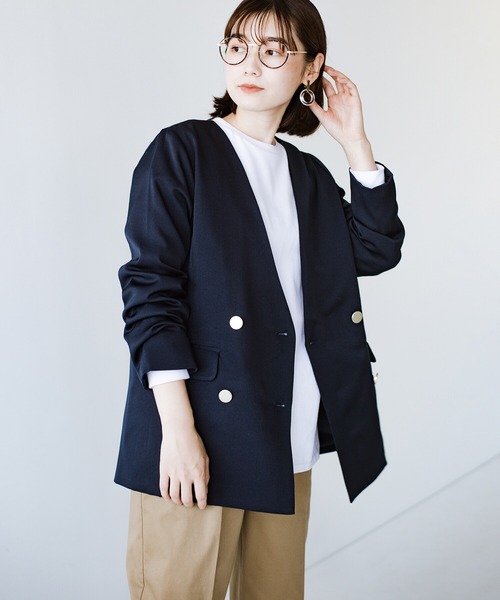 haco!（ハコ）の「かしこまらない賢い風貌！ハンサムと女性らしさをいいとこ取り！照れくさくない正解ジャケット by who made me（ノーカラージャケット・レディース・ネイビー・SMALL/MEDIUM/LARGE/X-LARGE）」の14枚目の写真