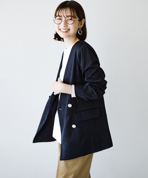 haco!（ハコ）の「かしこまらない賢い風貌！ハンサムと女性らしさをいいとこ取り！照れくさくない正解ジャケット by who made me（ノーカラージャケット・レディース・ネイビー・SMALL/MEDIUM/LARGE/X-LARGE）」の19枚目の写真
