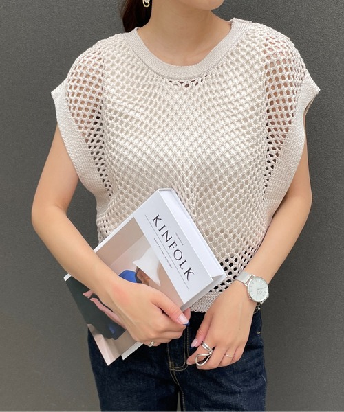 Meli rich（メリーリッチ）の「リネンタッチフィッシュネットベスト（ベスト・レディース・ブラック/ベージュ/アイボリー/ミント・MEDIUM）」の2枚目の写真
