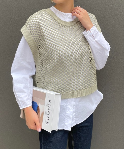 Meli rich（メリーリッチ）の「リネンタッチフィッシュネットベスト（ベスト・レディース・ブラック/ベージュ/アイボリー/ミント・MEDIUM）」の4枚目の写真