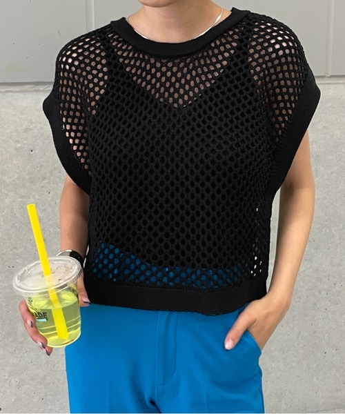 Meli rich（メリーリッチ）の「リネンタッチフィッシュネットベスト（ベスト・レディース・ブラック/ベージュ/アイボリー/ミント・MEDIUM）」の3枚目の写真