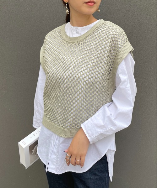 Meli rich（メリーリッチ）の「リネンタッチフィッシュネットベスト（ベスト・レディース・ブラック/ベージュ/アイボリー/ミント・MEDIUM）」の6枚目の写真