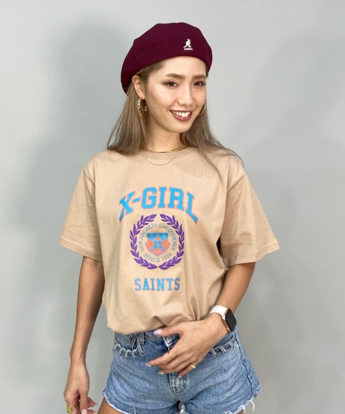 X-girl（エックスガール）の「【ムラサキスポーツ別注】X-GIRL/エックスガール  ビッグシルエット/オーバーサイズ/カレッジ風ロゴTシャツ   105221011022（Tシャツ/カットソー・レディース・ホワイト/ブラック/ベージュ/グレー/グリーン・M/L/XL）」の4枚目の写真