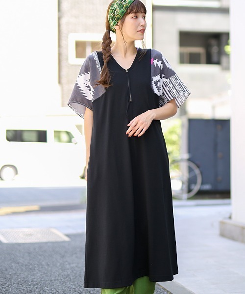 チチカカ（チチカカ）の「袖ナバホプリント２ｗａｙワンピース（ワンピース・レディース・ブラック/ベージュ/グリーン・FREE）」の2枚目の写真