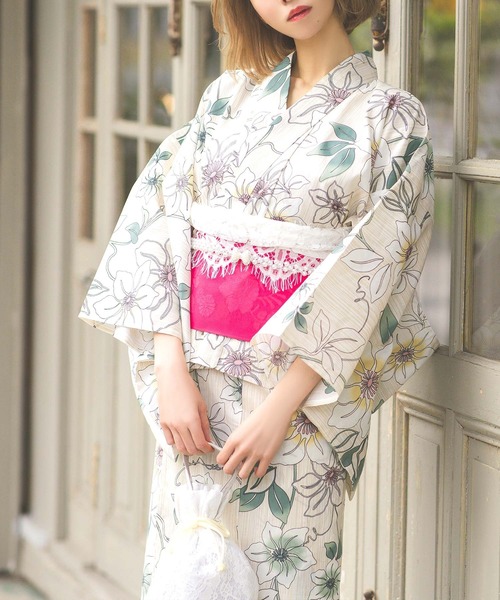 [CLOSED] 二部式セパレート浴衣2点セット ベージュ地×テッセンの花柄 かわいい