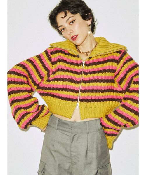 jouetie（ジュエティ）の「ダブルZIPリブニット（カーディガン/ボレロ・レディース・オフホワイト/イエロー/グリーン・MEDIUM）」の5枚目の写真