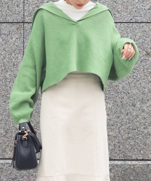 Isn't She?(イズントシー)の「ビッグカラークロップドニット(ニット/セーター・レディース・グリーン/アイボリー/ブラック・FREE)」の6枚目の写真