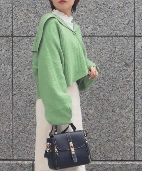 Isn't She?(イズントシー)の「ビッグカラークロップドニット(ニット/セーター・レディース・グリーン/アイボリー/ブラック・FREE)」の13枚目の写真