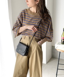 Java（ジャバ）の「《JaVa ジャバコラボ》さらっとお洒落。2wayヘンリーネックボーダーサマーニット（Tシャツ/カットソー）」