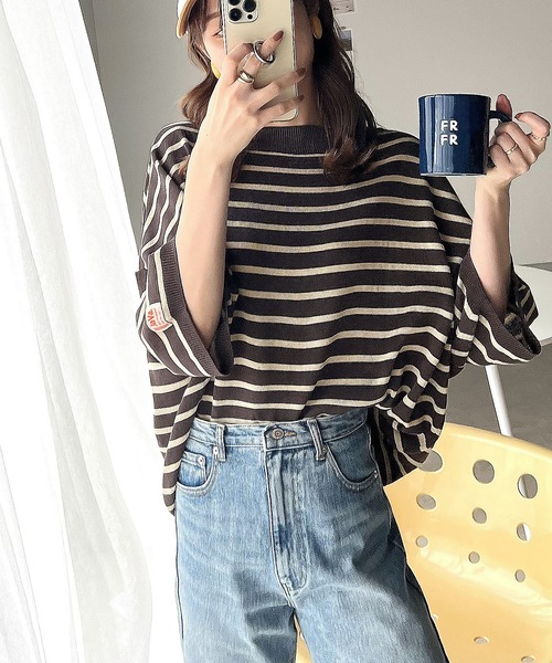 Java（ジャバ）の「《JaVa ジャバコラボ》さらっとお洒落。2wayヘンリーネックボーダーサマーニット（Tシャツ/カットソー・レディース・チャコールグレー/ホワイト/グリーン/ベージュ/ネイビー・LARGE/MEDIUM/SMALL/X-LARGE）」の22枚目の写真