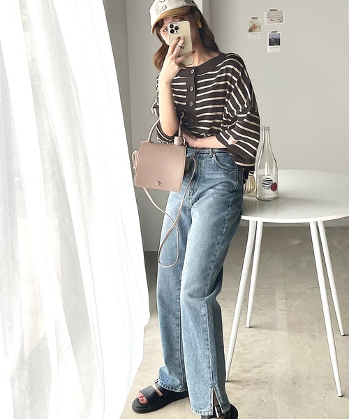 Java（ジャバ）の「《JaVa ジャバコラボ》さらっとお洒落。2wayヘンリーネックボーダーサマーニット（Tシャツ/カットソー・レディース・チャコールグレー/ホワイト/グリーン/ベージュ/ネイビー・LARGE/MEDIUM/SMALL/X-LARGE）」の21枚目の写真