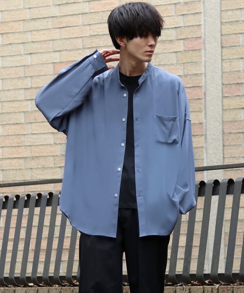 セール】Oversize Drop shoulder Drape Band Collar shirt/オーバー
