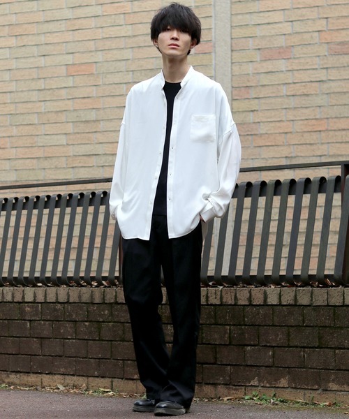 セール】Oversize Drop shoulder Drape Band Collar shirt/オーバー