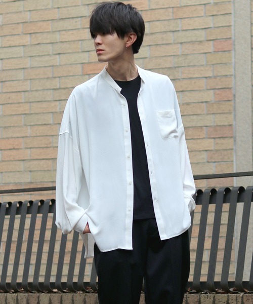 セール】Oversize Drop shoulder Drape Band Collar shirt/オーバー