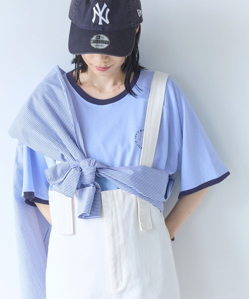Chaco closet(チャコ クローゼット)の「ワンポイントモノグラム刺繍リンガーTシャツ(Tシャツ/カットソー・レディース・オートミール/チャコール/ライトピンク/アイボリー/ライトブルー・FREE)」の4枚目の写真