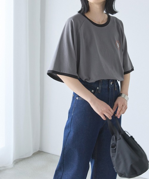 セール】ワンポイントモノグラム刺繍リンガーTシャツ（Tシャツ