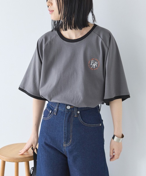 Chaco closet(チャコ クローゼット)の「ワンポイントモノグラム刺繍リンガーTシャツ(Tシャツ/カットソー・レディース・オートミール/チャコール/ライトピンク/アイボリー/ライトブルー・FREE)」の15枚目の写真