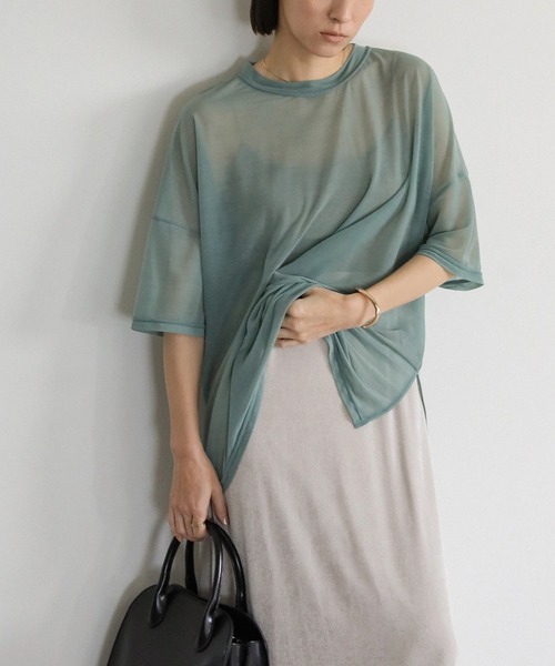 select MOCA（セレクトモカ）の「トリコットシアールーズハーフスリーブトップス（Tシャツ/カットソー・レディース・ホワイト/ブラック/グレイッシュベージュ/グレイッシュブルー/ライトグリーン・FREE）」の5枚目の写真