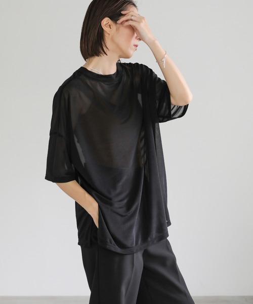 select MOCA（セレクトモカ）の「トリコットシアールーズハーフスリーブトップス（Tシャツ/カットソー・レディース・ホワイト/ブラック/グレイッシュベージュ/グレイッシュブルー/ライトグリーン・FREE）」の19枚目の写真