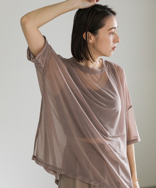 select MOCA（セレクトモカ）の「トリコットシアールーズハーフスリーブトップス（Tシャツ/カットソー・レディース・ホワイト/ブラック/グレイッシュベージュ/グレイッシュブルー/ライトグリーン・FREE）」の20枚目の写真