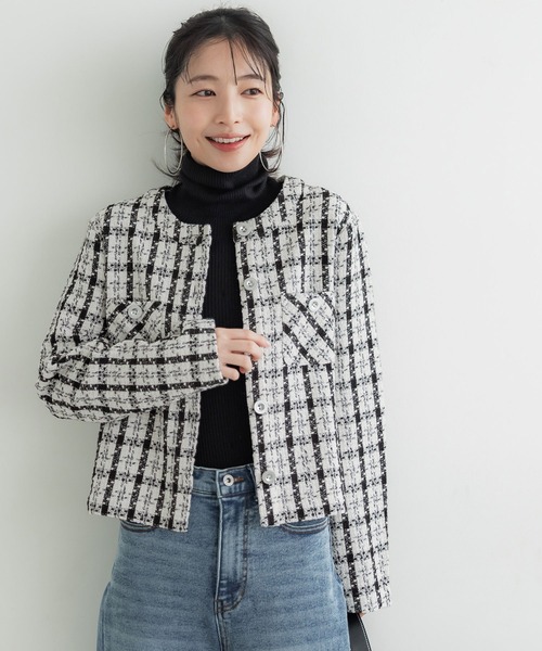 coca（coca）（コカ）の「チェック柄ツイードジャケット（ノーカラージャケット・レディース・ホワイト/ブラック・M/L）」の3枚目の写真