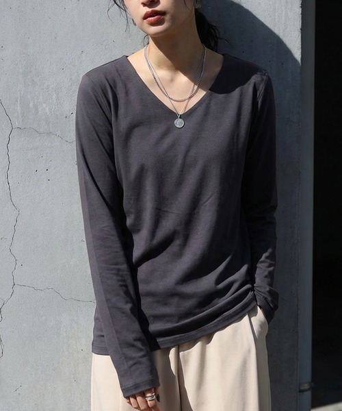 長袖 綿100 無地 Vネック ロンT（Tシャツ/カットソー）｜antiqua