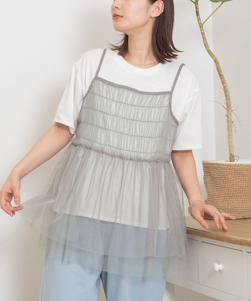 POU DOU DOU(プードゥドゥ)の「チュールキャミ×TシャツSET(Tシャツ/カットソー・レディース・グレー/ブラック/ピンク・3)」の3枚目の写真