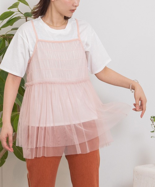 POU DOU DOU(プードゥドゥ)の「チュールキャミ×TシャツSET(Tシャツ/カットソー・レディース・グレー/ブラック/ピンク・3)」の1枚目の写真
