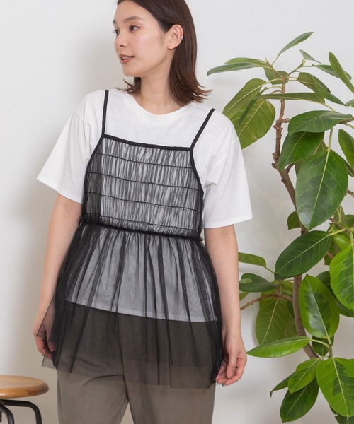 POU DOU DOU(プードゥドゥ)の「チュールキャミ×TシャツSET(Tシャツ/カットソー・レディース・グレー/ブラック/ピンク・3)」の7枚目の写真