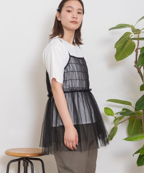 POU DOU DOU(プードゥドゥ)の「チュールキャミ×TシャツSET(Tシャツ/カットソー・レディース・グレー/ブラック/ピンク・3)」の8枚目の写真