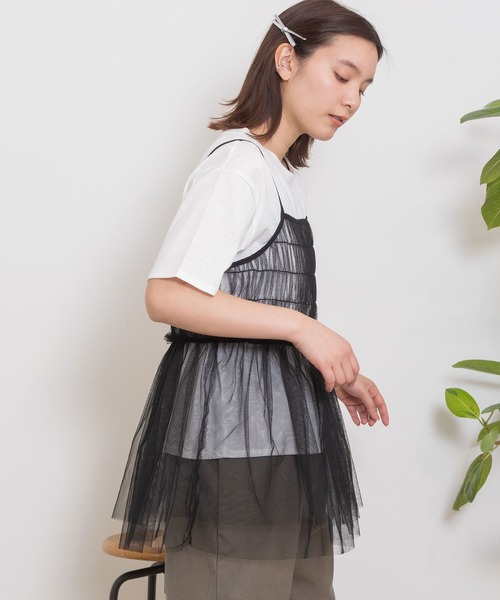 POU DOU DOU(プードゥドゥ)の「チュールキャミ×TシャツSET(Tシャツ/カットソー・レディース・グレー/ブラック/ピンク・3)」の9枚目の写真