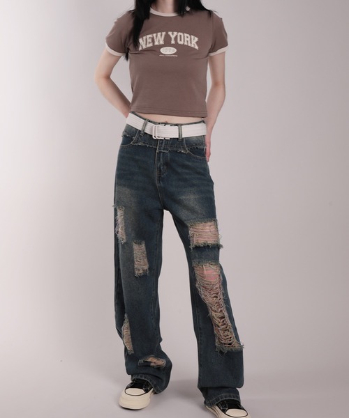 HOOK（フック）の「【HOOK】for girls　ダメージ加工　ウォッシュレインボーデニムワイドパンツ（デニムパンツ・レディース・ブルー・S/M/L）」の3枚目の写真