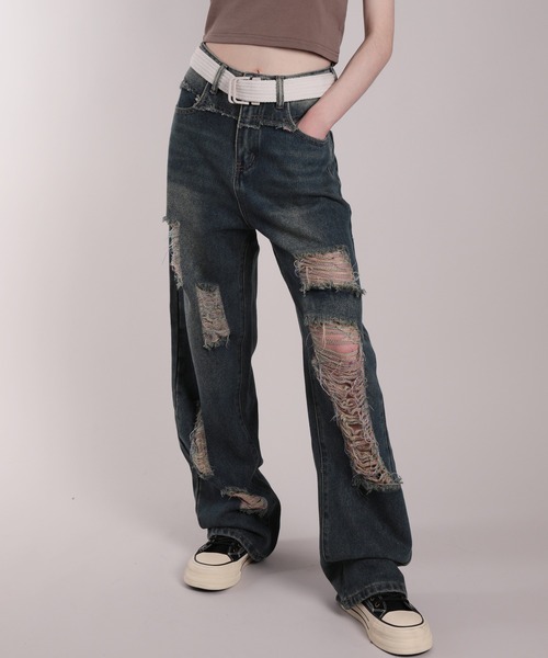 HOOK（フック）の「【HOOK】for girls　ダメージ加工　ウォッシュレインボーデニムワイドパンツ（デニムパンツ・レディース・ブルー・S/M/L）」の5枚目の写真