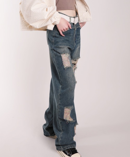 HOOK（フック）の「【HOOK】for girls　ダメージ加工　ウォッシュレインボーデニムワイドパンツ（デニムパンツ・レディース・ブルー・S/M/L）」の13枚目の写真
