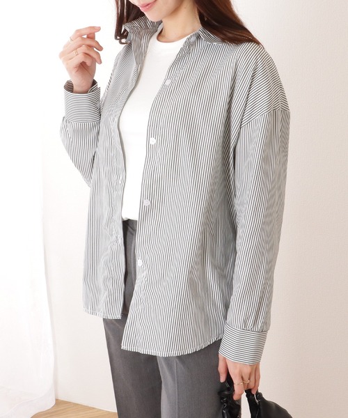Lace Ladies（レースレディース）の「ドロップショルダー ベーシック ストライプ柄 長袖 ブラウス（シャツ/ブラウス・レディース・ブラック/ネイビー・FREE）」の17枚目の写真