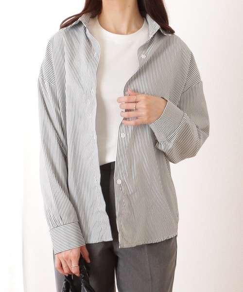 Lace Ladies（レースレディース）の「ドロップショルダー ベーシック ストライプ柄 長袖 ブラウス（シャツ/ブラウス・レディース・ブラック/ネイビー・FREE）」の3枚目の写真