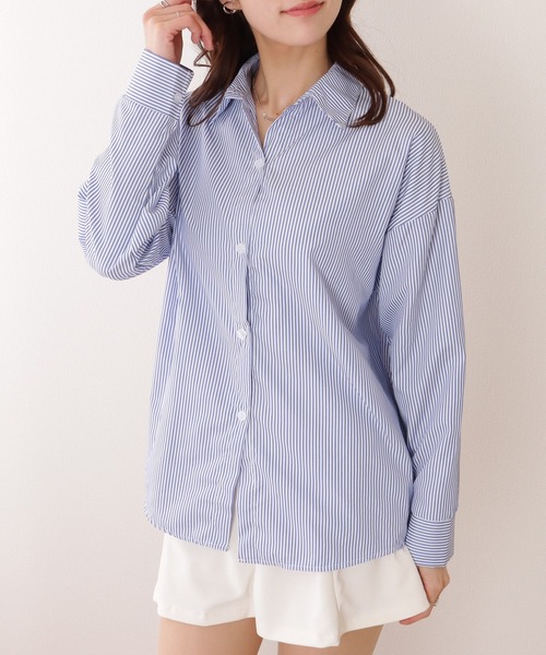 Lace Ladies（レースレディース）の「ドロップショルダー ベーシック ストライプ柄 長袖 ブラウス（シャツ/ブラウス・レディース・ブラック/ネイビー・FREE）」の4枚目の写真