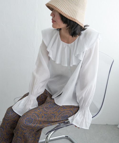 VENCEEXCHANGE（ヴァンスエクスチェンジ）の「フリルカラーボリューム袖ブラウス（シャツ/ブラウス・レディース・オフホワイト/ブラック・FREE）」の3枚目の写真