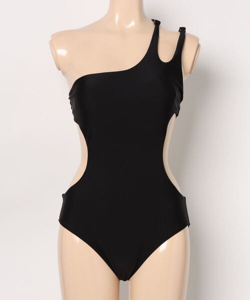 【lapidos美品】黒のストラップ付きワンピース水着 セール】ダブルストラップ ワンショルダー ワンピース 水着