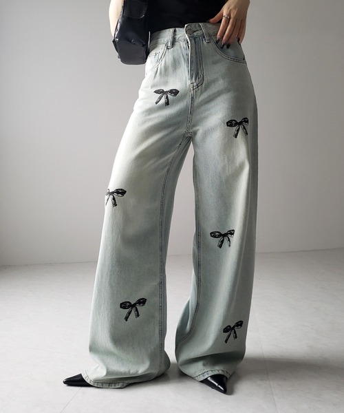 【 選べる３サイズ 】ヴィンテージリボンハイウエストワイドデニム ／ vintage ribbon high waist wide denim（デニムパンツ）｜me+em select（ミームセレクト）