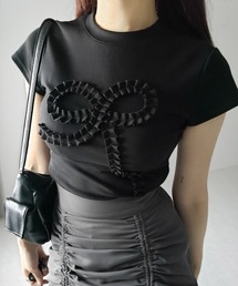 me+em select（ミームセレクト）の「【 ３color 】フリルリボンモチーフスリムＴシャツ ／ frill ribbon motif slimT-shirt（Tシャツ/カットソー・レディース）」